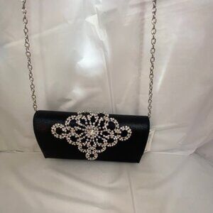 Jessica McClintock Celia  Black Satin Clutch Bag with silver chin for crossbody